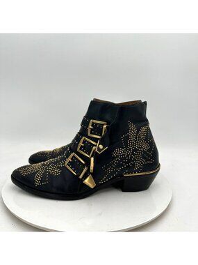 Chloe Susanna Women Size EU 39 US 9 Gold Studs Black Leather Ankle Biker Boot